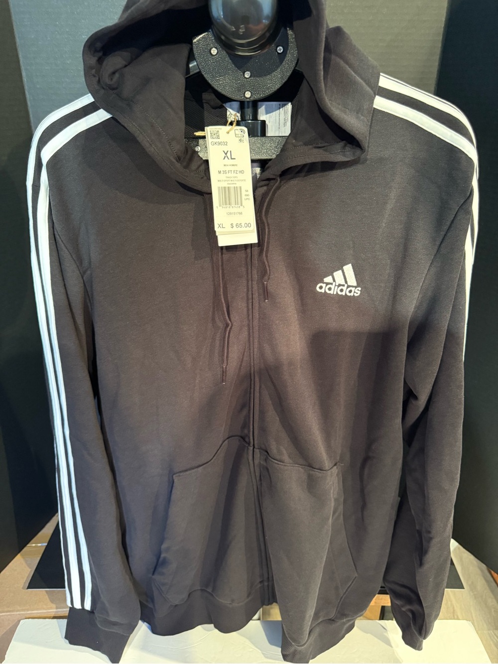 adidas Black Full-Zip Hooded Performance Jacket with White Stripes